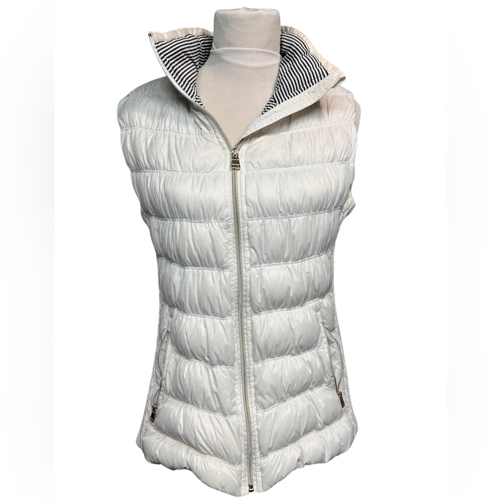 Calvin Klein White Puffer Vest Zipper Front Black and White Stripped Trim - Picture 1 of 11